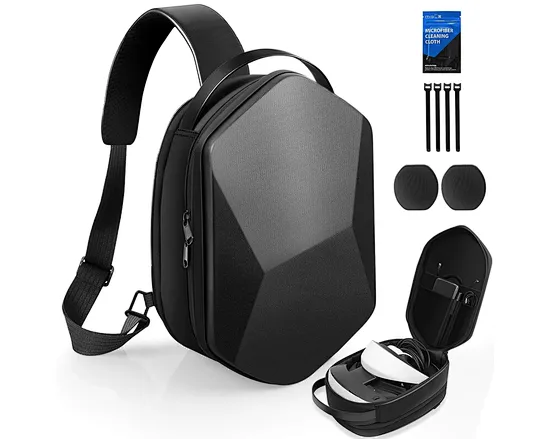 Our crossbody backpack for VR Case has a large expandable capacity internal compartment that is secure and sturdy, keeping your VR accessories and headset organised and protected from damage. We also use this bag for notebooks and some books.